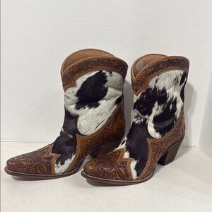 Myra Sandy Mae Hair-On Hide & Hand-Tooled
Leather Ankle Cowboy Boots Size 10